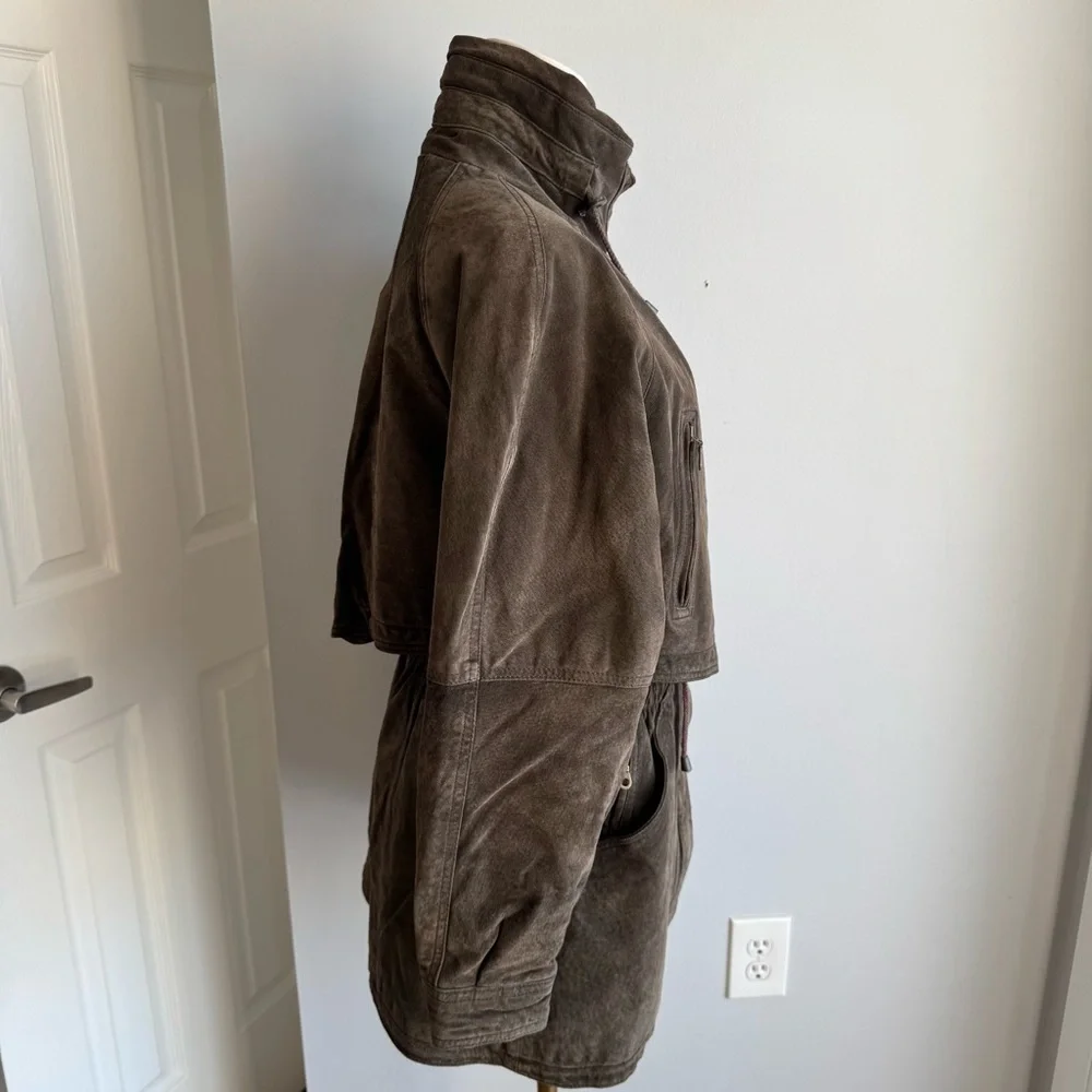 Vintage 80s Brown Suede Utility Coat Womens S Leather Longline Safari Distressed - Picture 4 of 16
